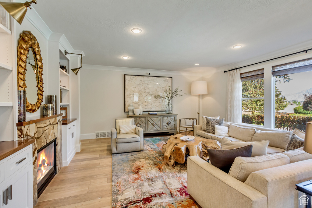 Living room with light wood-type flooring, a stone fireplace, and ornamental molding