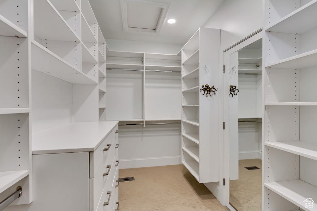 Walk in closet featuring light carpet