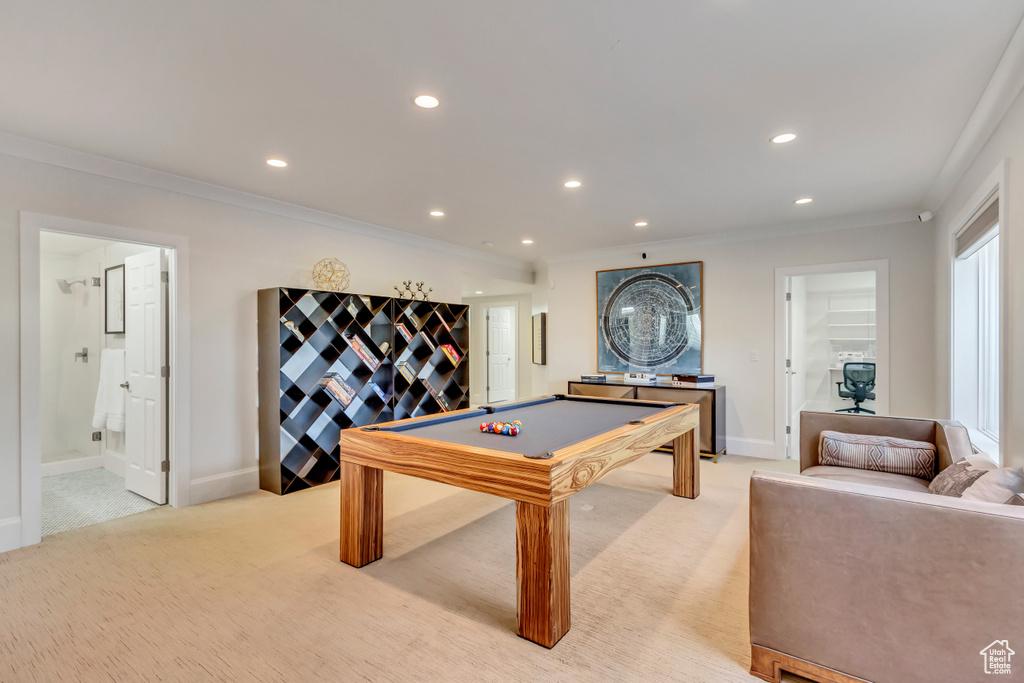 Playroom with pool table, crown molding, and light colored carpet