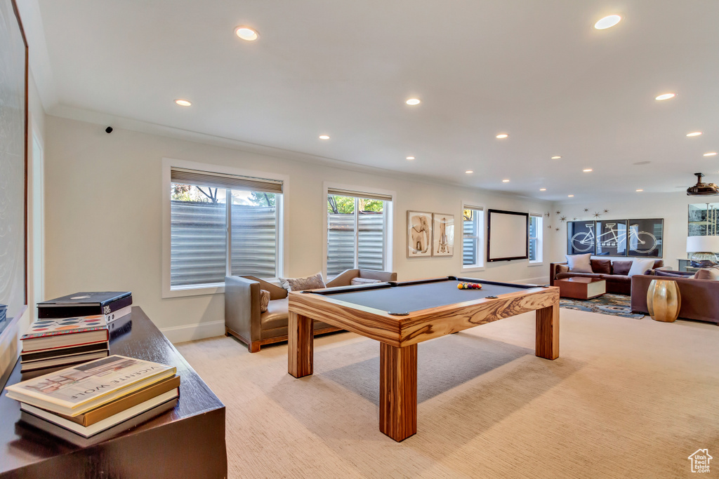 Playroom with crown molding, light carpet, and billiards