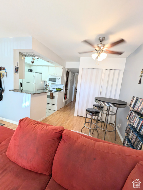 Living room featuring light wood-type flooring, ceiling fan, and sink