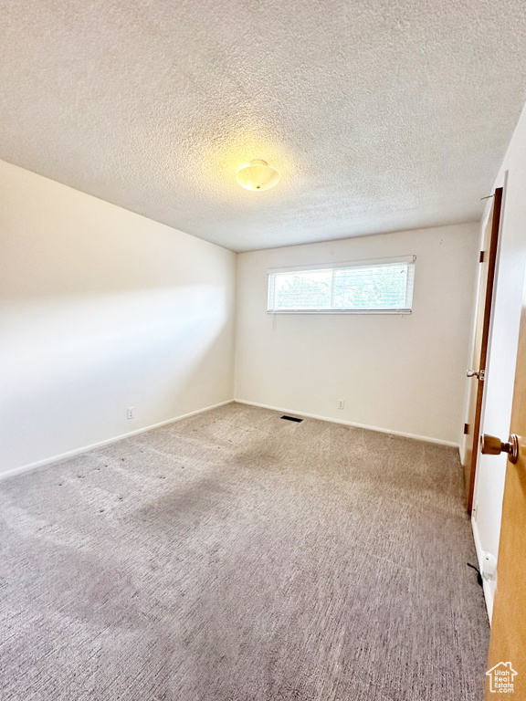 Unfurnished room featuring a textured ceiling and carpet flooring