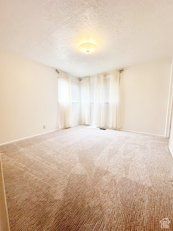 Unfurnished room with a textured ceiling and carpet flooring