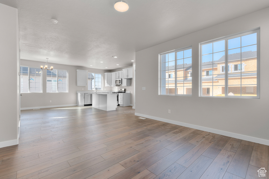 Unfurnished living room with light hardwood / wood-style floors and a healthy amount of sunlight