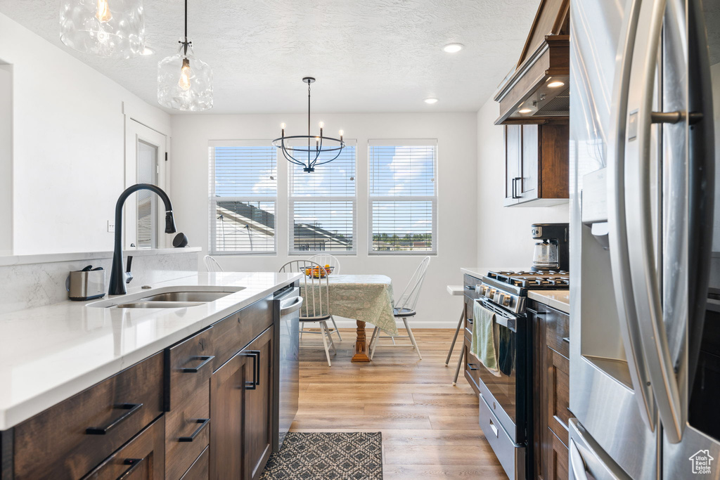 Kitchen with hanging light fixtures, sink, light hardwood / wood-style flooring, a chandelier, and appliances with stainless steel finishes