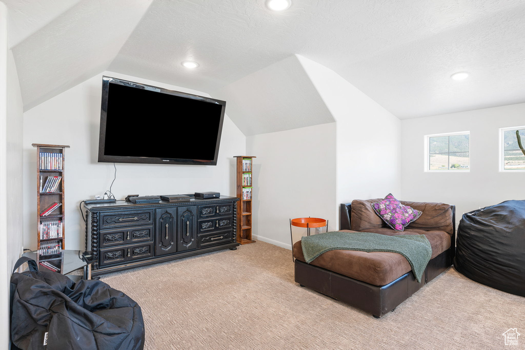 Living room featuring a textured ceiling, lofted ceiling, and light carpet