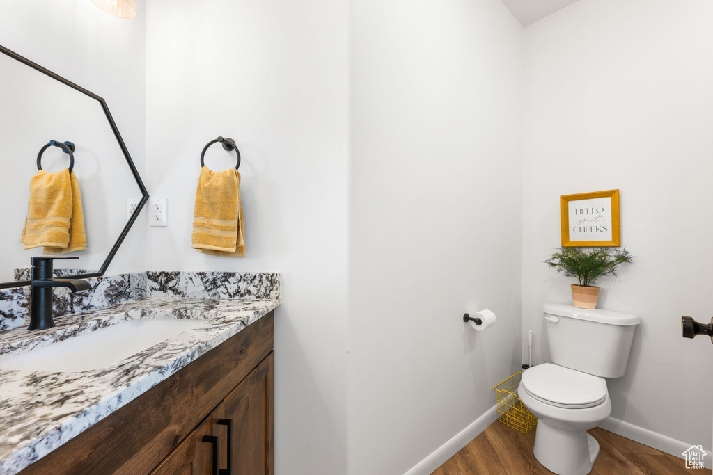 Bathroom featuring wood-type flooring, vanity, and toilet