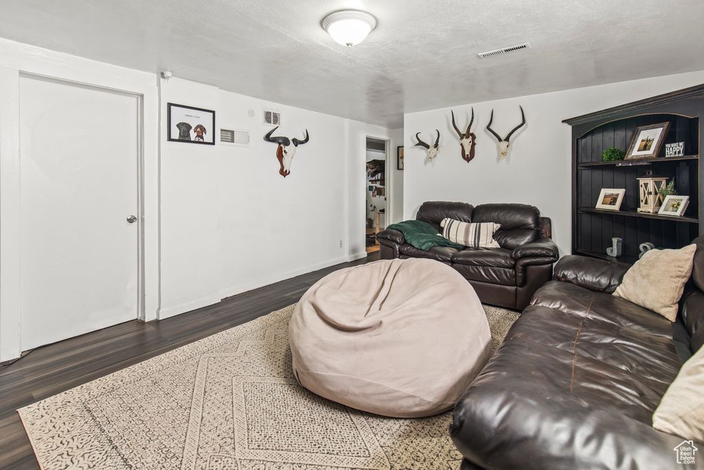 Living room featuring a textured ceiling and dark wood-type flooring