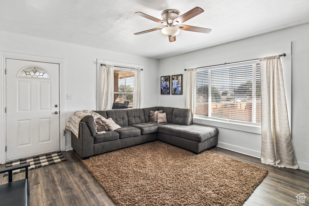 Living room with ceiling fan and dark hardwood / wood-style floors