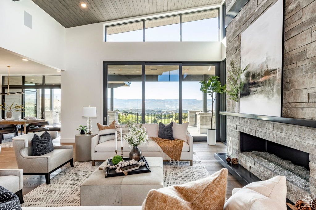 Living room featuring a stone fireplace, plenty of natural light, and a mountain view