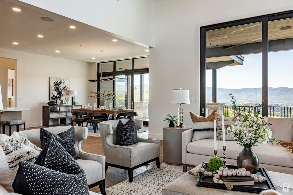 Living room with a mountain view and light wood-type flooring