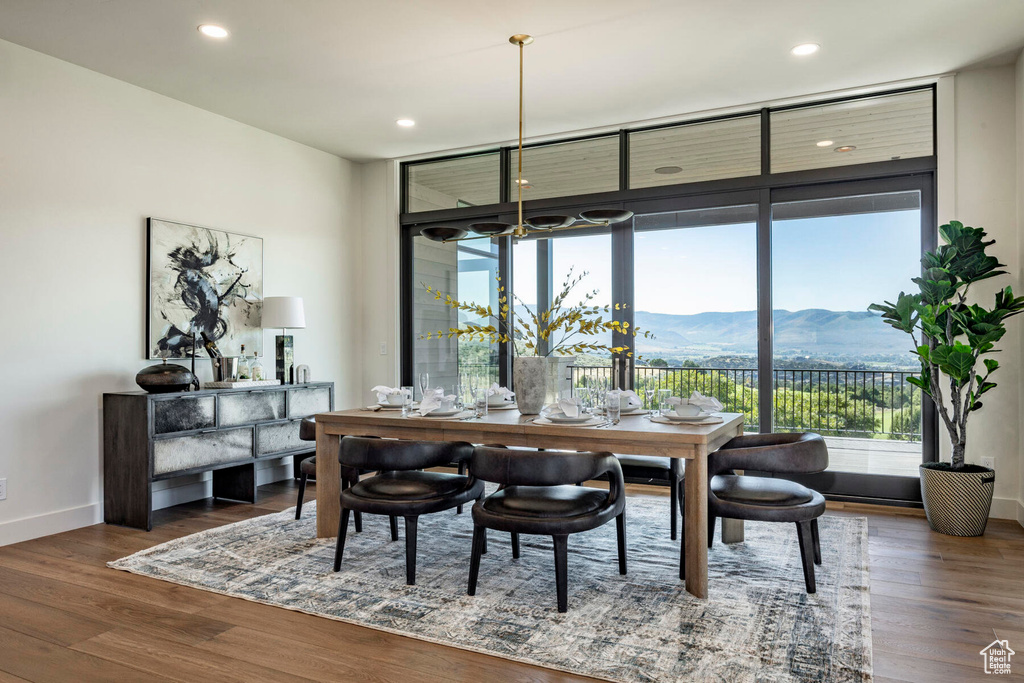 Dining room featuring a mountain view and dark hardwood / wood-style flooring