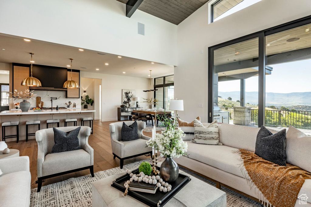 Living room with light hardwood / wood-style floors, a mountain view, and high vaulted ceiling