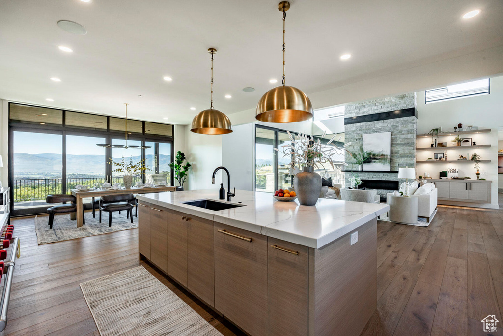 Kitchen featuring wood-type flooring, a stone fireplace, a spacious island, and sink