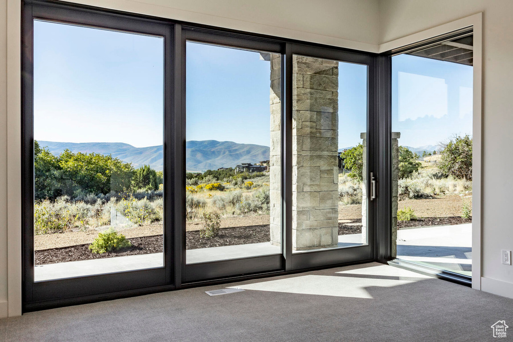 Entryway with carpet, a mountain view, and plenty of natural light