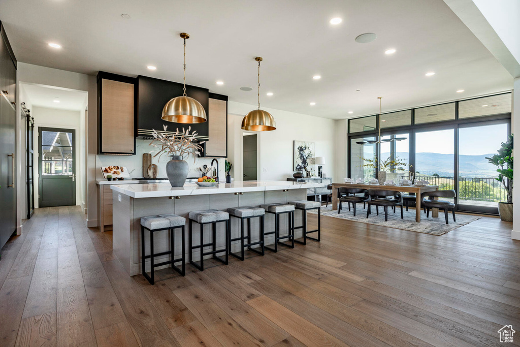 Kitchen featuring hanging light fixtures, dark hardwood / wood-style floors, and a wealth of natural light