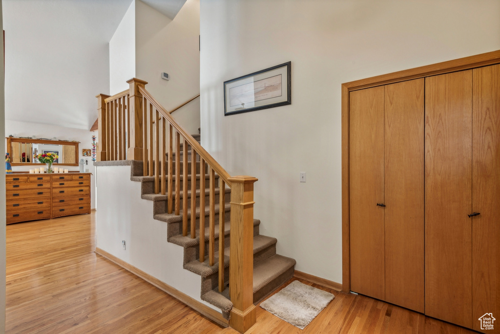 Staircase with a high ceiling and hardwood / wood-style flooring