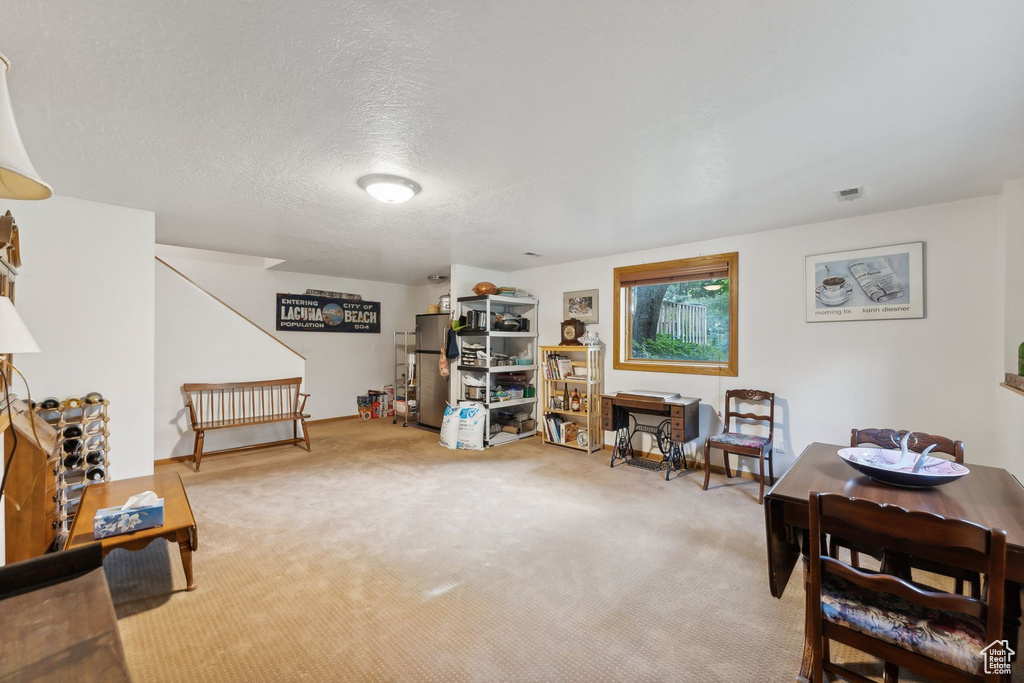 Interior space featuring a textured ceiling and carpet