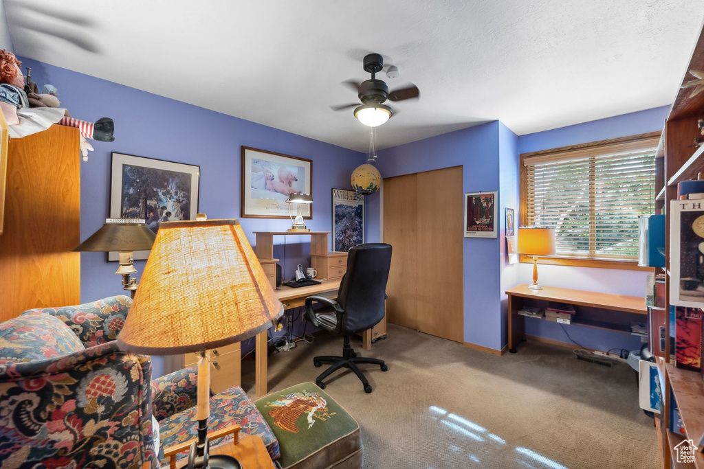 Carpeted office space with ceiling fan