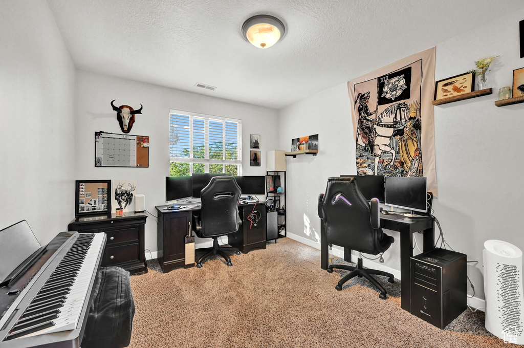 Home office with carpet and a textured ceiling