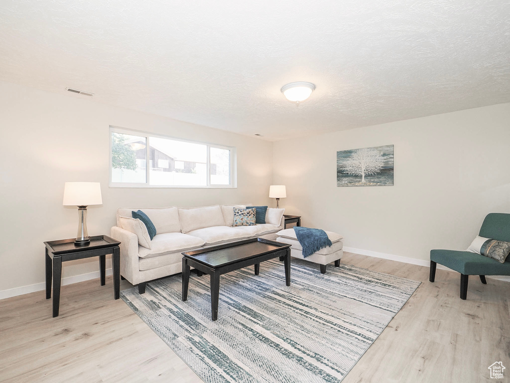 Living room featuring a textured ceiling and light hardwood / wood-style flooring