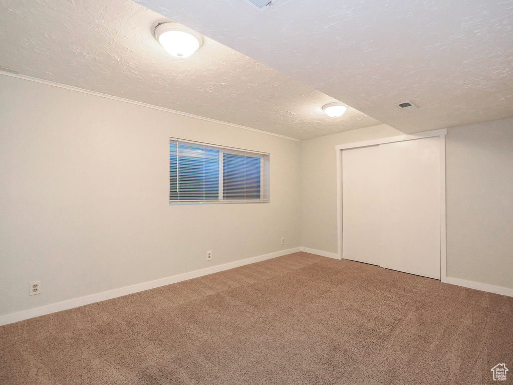 Interior space with carpet and a textured ceiling