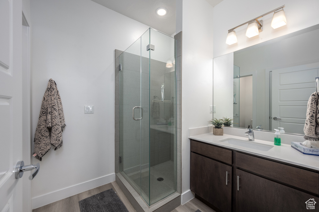 Bathroom with walk in shower, vanity, and hardwood / wood-style floors