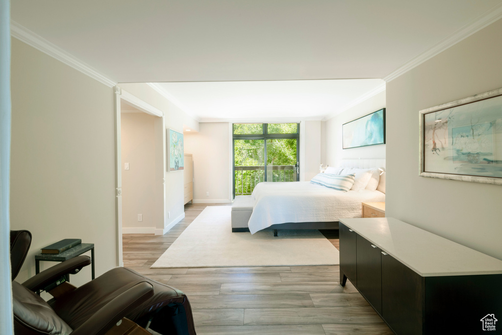 Bedroom with light hardwood / wood-style flooring and ornamental molding