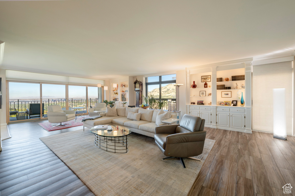 Living room with light hardwood / wood-style flooring and plenty of natural light