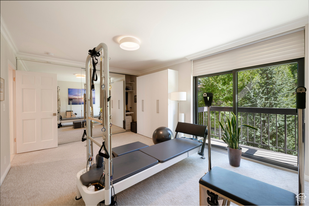 Exercise area with light colored carpet and crown molding