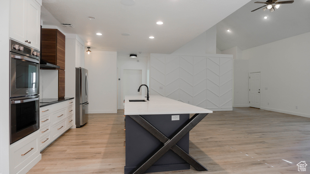 Kitchen featuring ceiling fan, an island with sink, light hardwood / wood-style flooring, and sink