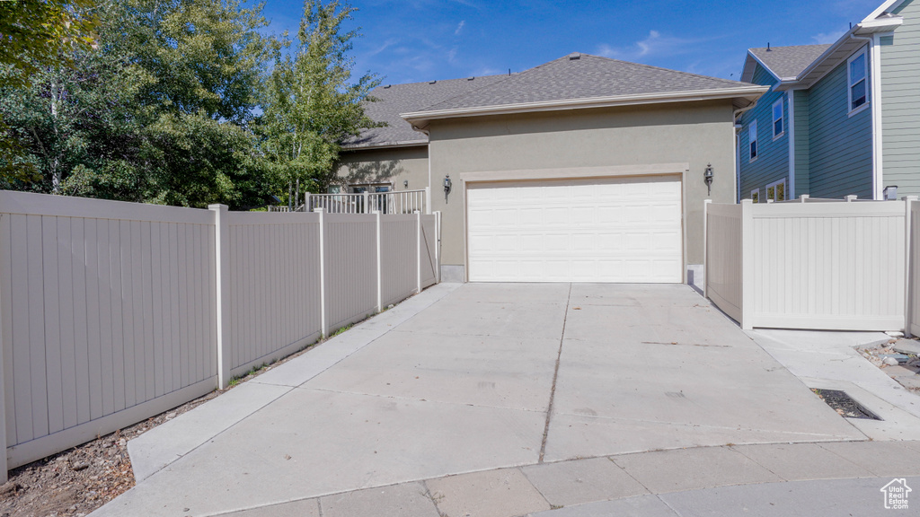 Exterior space with a garage