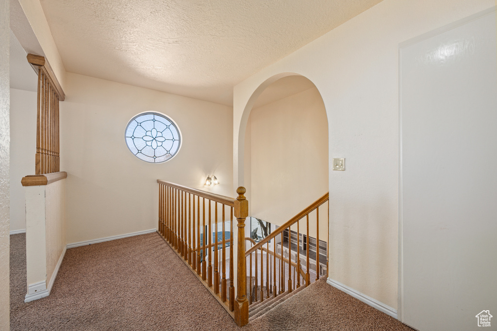 Hall featuring a textured ceiling and carpet flooring