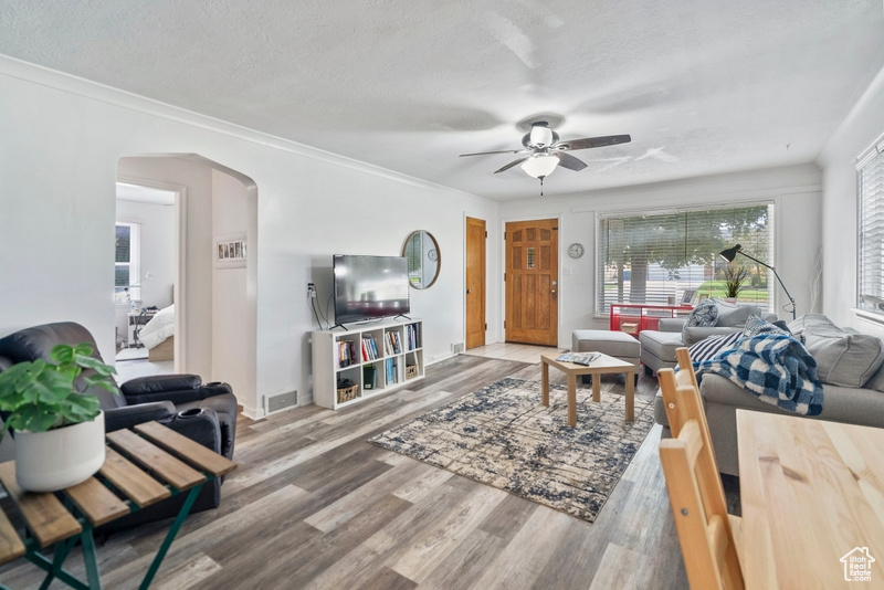 Living room with wood-type flooring, a textured ceiling, crown molding, and ceiling fan