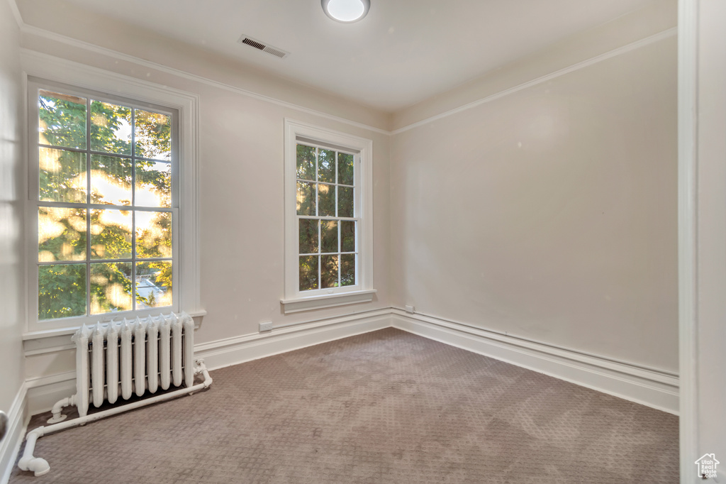 Unfurnished room with carpet floors, crown molding, and radiator heating unit