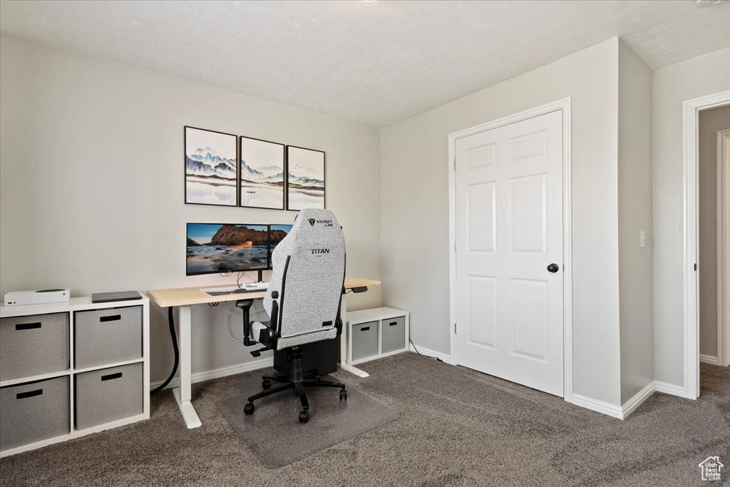 Carpeted office featuring a textured ceiling