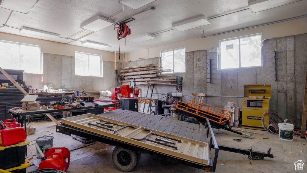 Garage featuring a workshop area