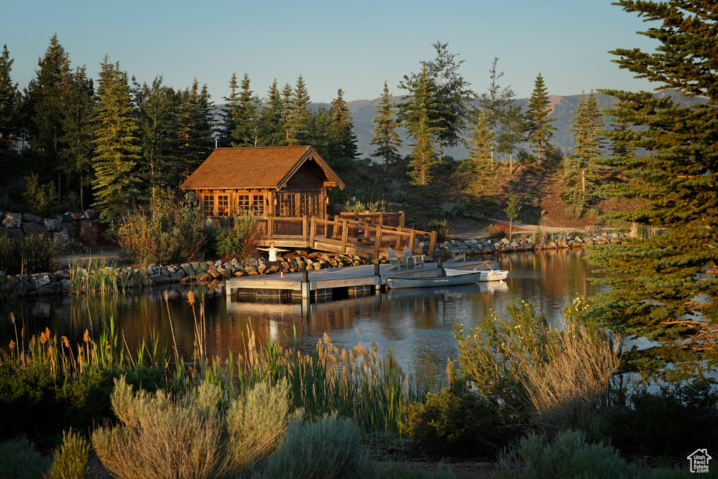 View of water feature with a boat dock