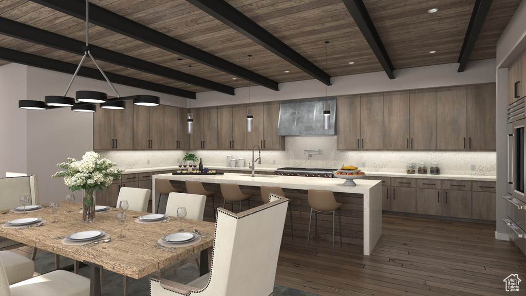 Unfurnished dining area featuring sink, beam ceiling, and dark hardwood / wood-style flooring