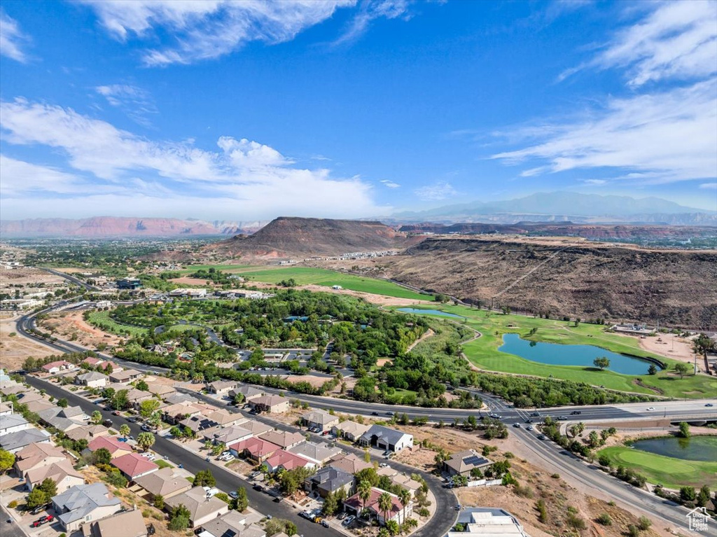 Bird's eye view with a water and mountain view