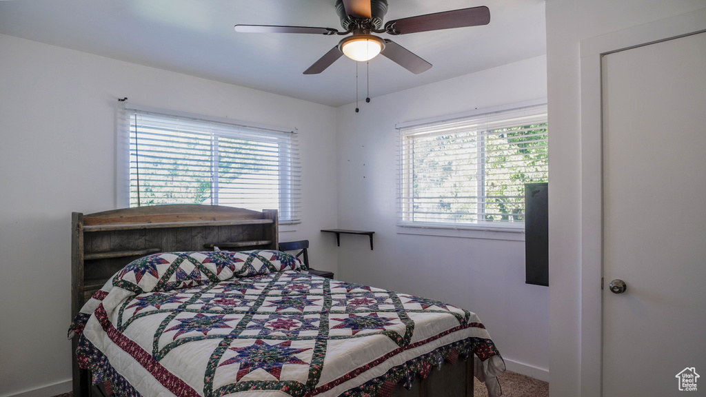 Carpeted bedroom featuring ceiling fan and multiple windows