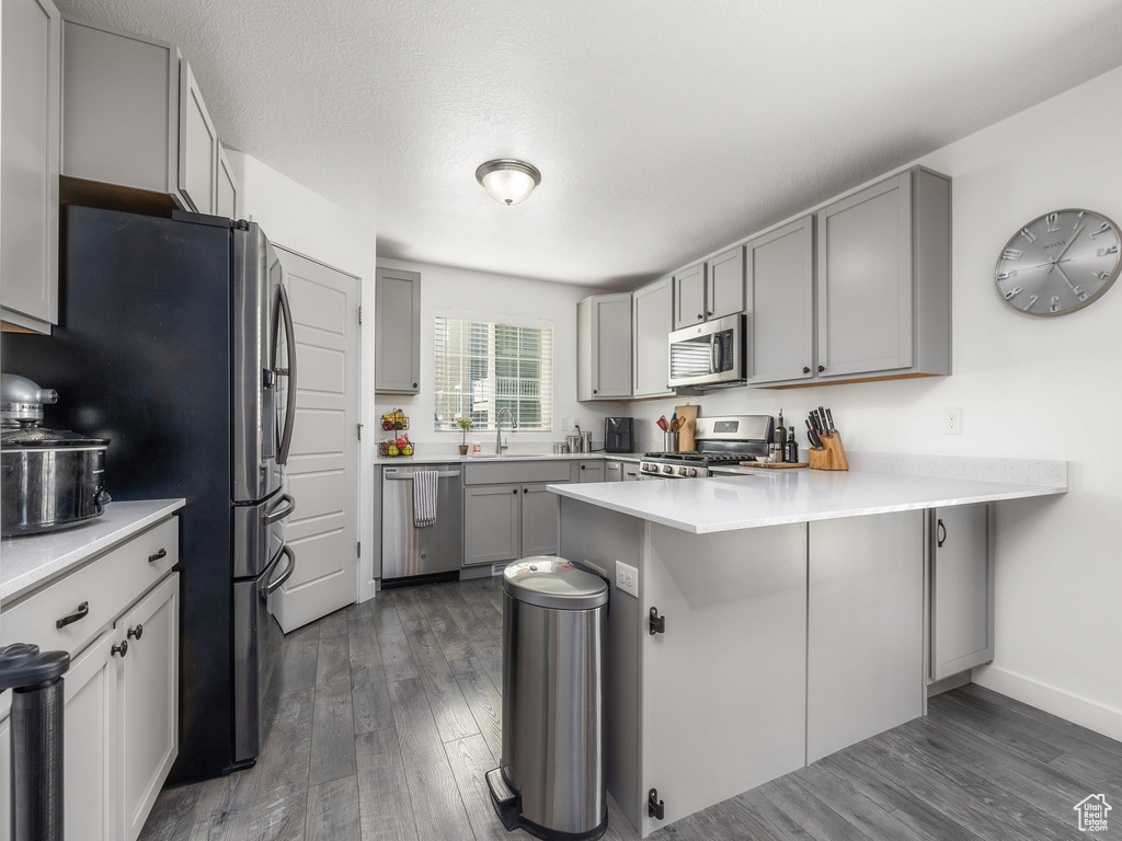 Kitchen featuring gray cabinets, kitchen peninsula, appliances with stainless steel finishes, and dark wood-type flooring