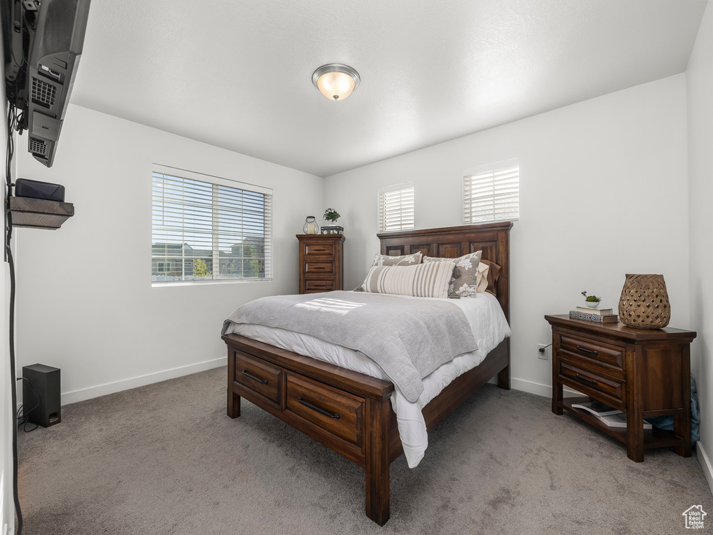 Bedroom with light carpet