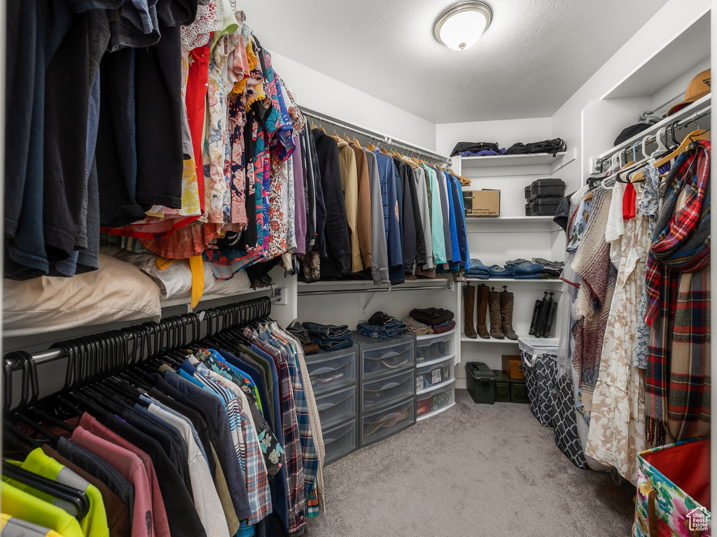 Walk in closet featuring light carpet