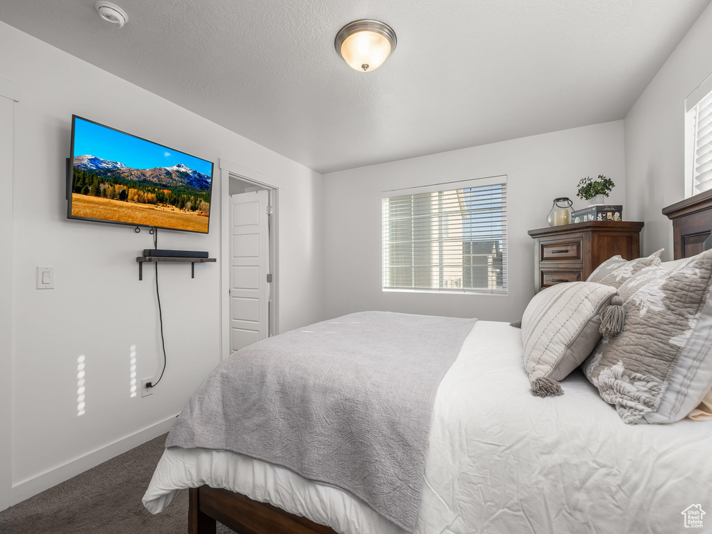 Bedroom with multiple windows and dark colored carpet