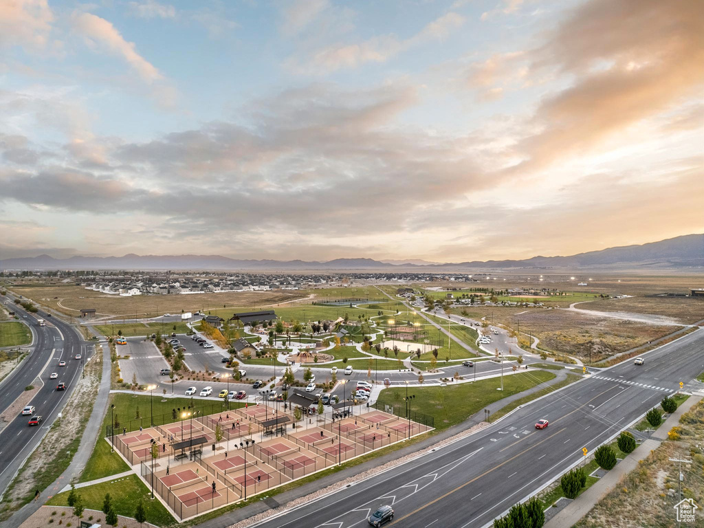 Aerial view at dusk with a mountain view