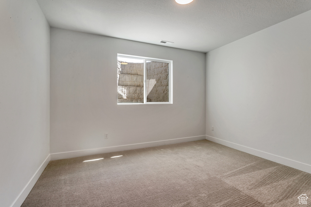 Carpeted spare room with a textured ceiling