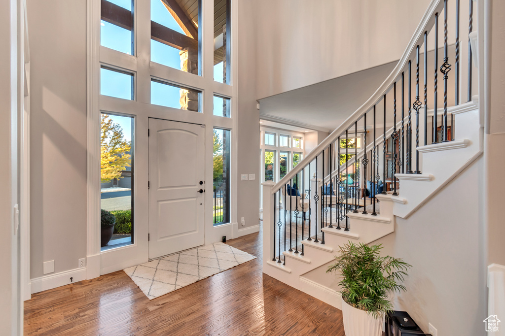 Foyer featuring a towering ceiling, hardwood / wood-style floors, and a wealth of natural light