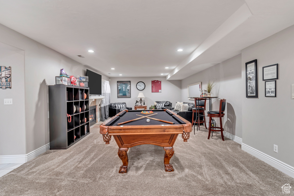 Playroom featuring pool table and light colored carpet