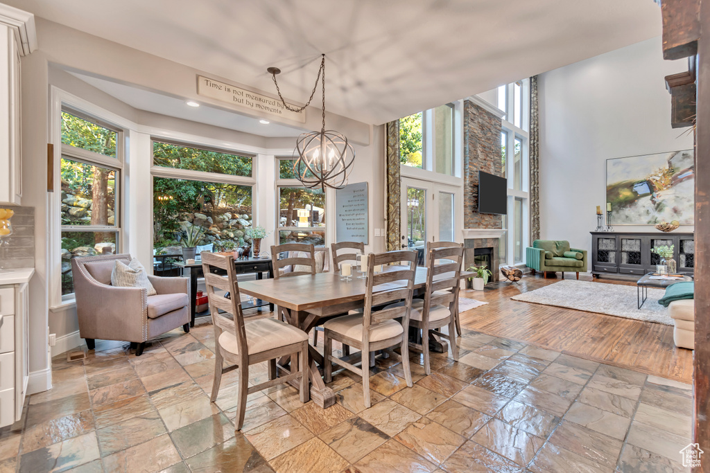 Dining room with a notable chandelier